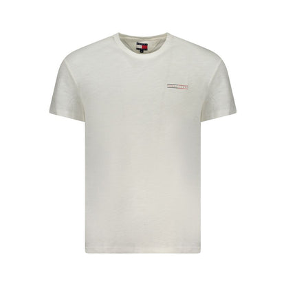 Tommy Hilfiger White Cotton Men T-Shirt with logo and vibrant print, made of 95% regenerative cotton for sustainable fashion.