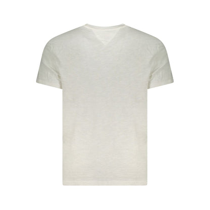 Back view of Tommy Hilfiger White Cotton Men T-Shirt crafted from 95% regenerative cotton, showcasing iconic American style.