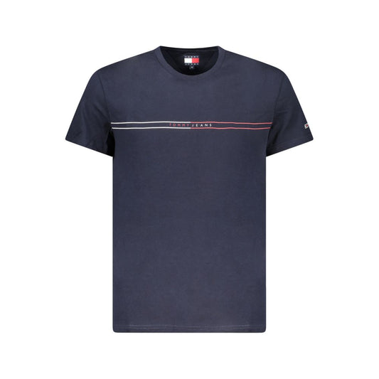 Tommy Hilfiger Blue Cotton Men T-Shirt with logo and crew neck, environmentally crafted 95% regenerative cotton, stylish and iconic design.