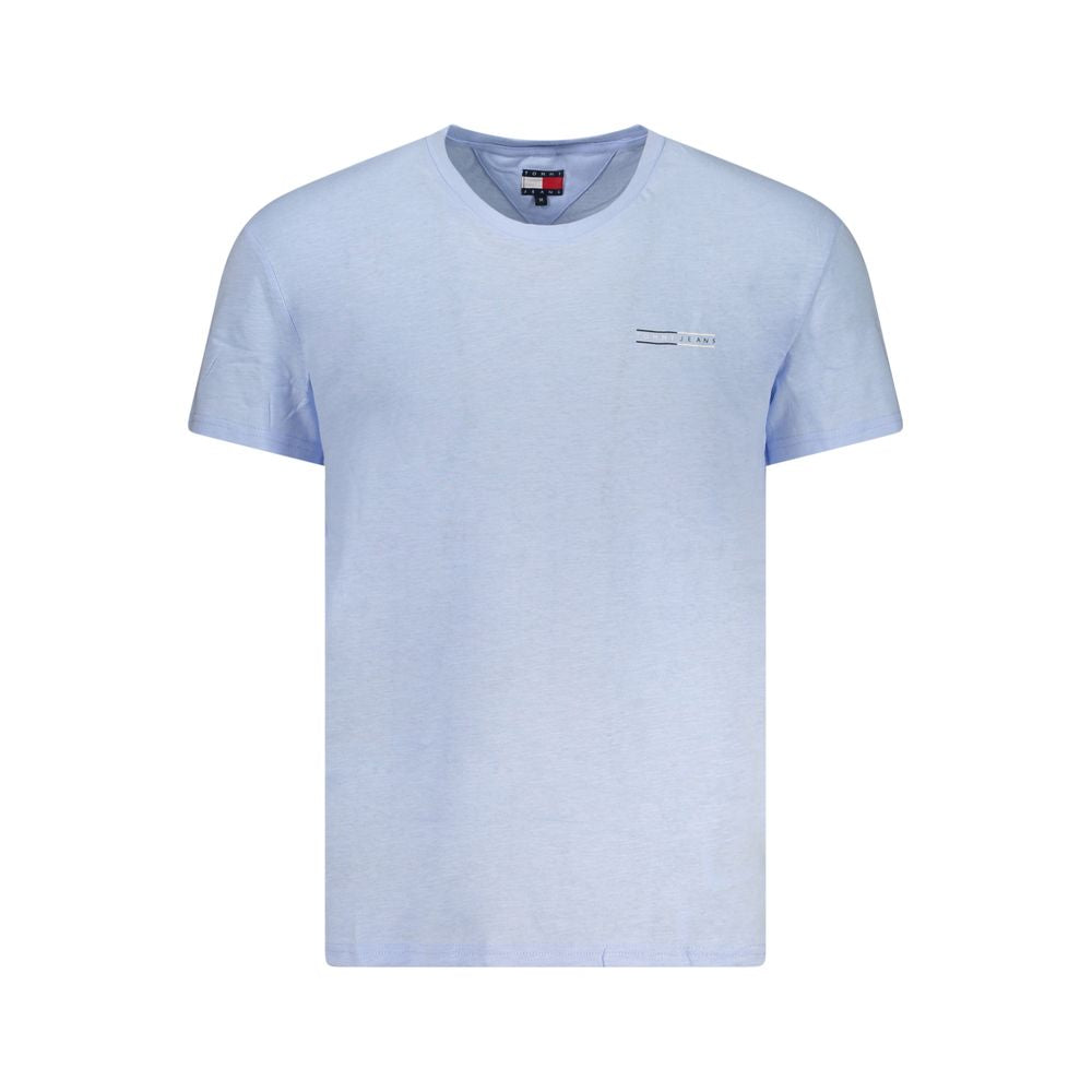 Tommy Hilfiger Blue Cotton Men T-Shirt with crew neck and logo print, made from 95% regenerative cotton for sustainable fashion.
