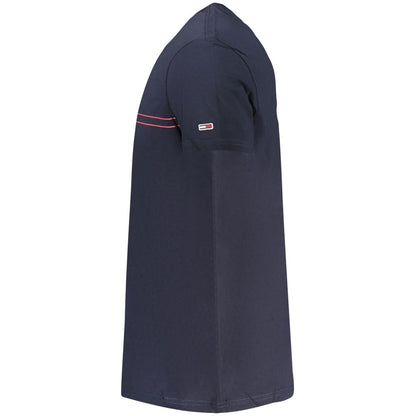 Side view of Tommy Hilfiger Blue Cotton Men T-Shirt featuring short sleeves and crew neck with logo detail on sleeve.