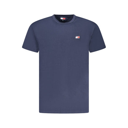 Tommy Hilfiger Blue Cotton Men T-Shirt with short sleeves and embroidered logo, sustainable and stylish for fashion-forward individuals.
