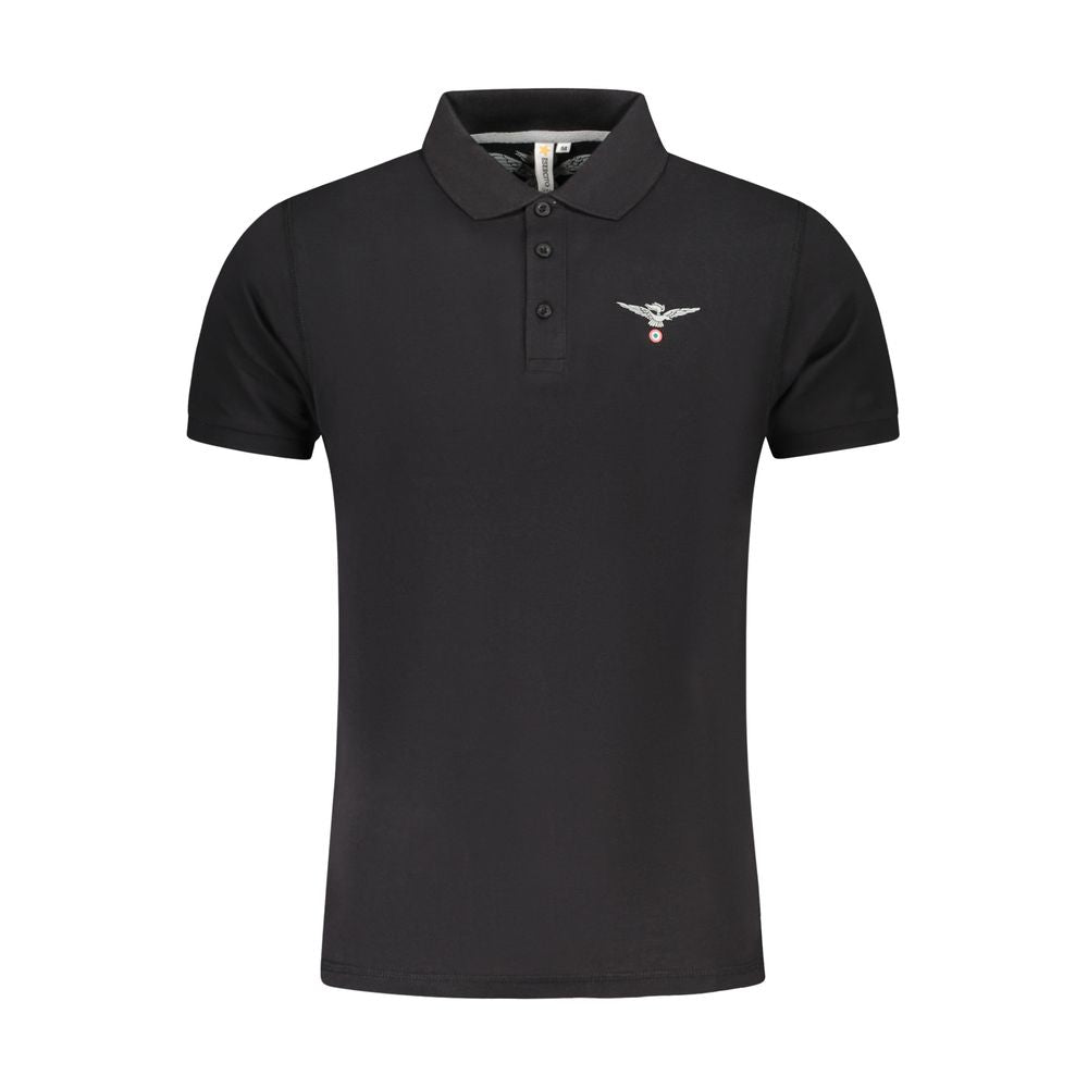 Accademia Militare Black Cotton Polo Shirt with short sleeves and eagle logo, featuring 3 buttons and a printed design.