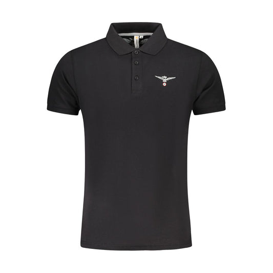 Accademia Militare Black Cotton Polo Shirt with eagle logo and three buttons.