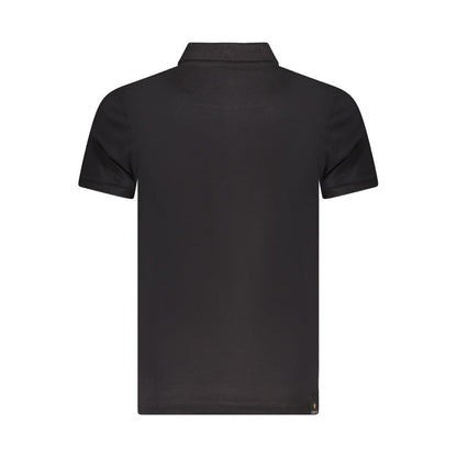 Back view of Accademia Militare Black Cotton Polo Shirt, featuring short sleeves, eagle ball design, 3 buttons, and a logo print.