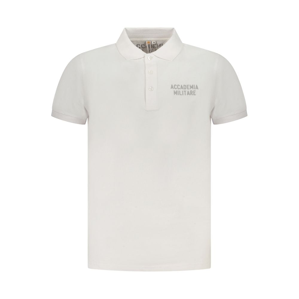 Accademia Militare White Cotton Polo Shirt with short sleeves, 3 buttons, military academy logo, front print, classic design.