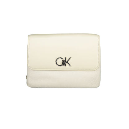 Calvin Klein Beige Polyester Handbag with chain handle, adjustable strap, internal card pocket, and swivel closure.