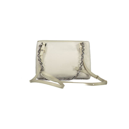 Calvin Klein Beige Polyester Handbag with chain handle, adjustable strap, and 2 compartments. Features logo and swivel closure.
