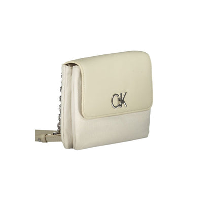 Calvin Klein Beige Polyester Handbag with chain handle, adjustable strap, compartments, card pocket, and swivel closure.