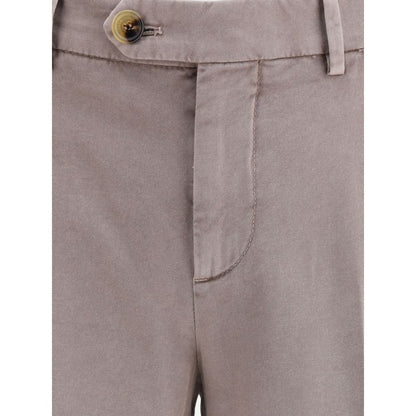 Brunello Cucinelli Gray Cotton Casual Pants close-up of front button and zipper closure with belt loops.