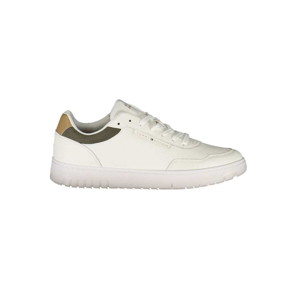 Tommy Hilfiger White Leather Men Sneaker with green and beige accents, removable insole, and brand logo for urban chic style.