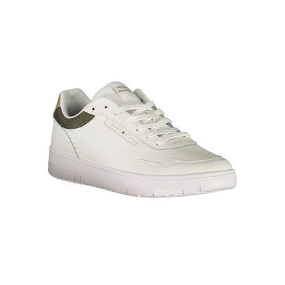 Tommy Hilfiger White Leather Men Sneaker with green and beige accents, featuring a removable insole and iconic logo for style and comfort.