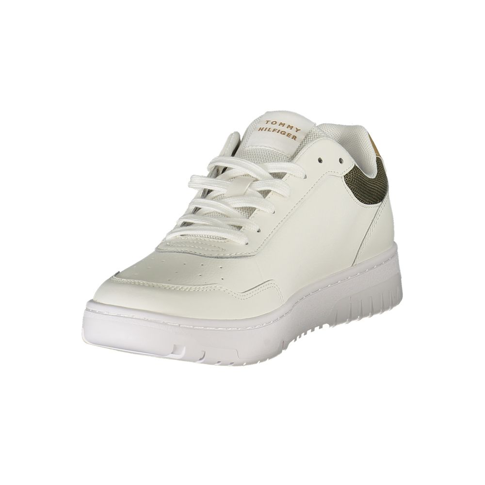 Tommy Hilfiger White Leather Men Sneaker with green and beige contrast, featuring removable insole and iconic logo for stylish comfort.