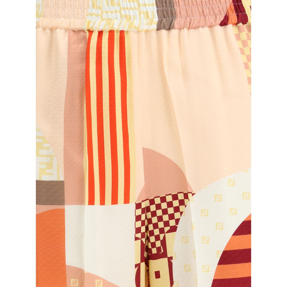 Close-up of Fendi Multicolor Silk Casual Pants with patchwork print, elasticated waist, and ironed pleats, made from 100% silk for AW25.