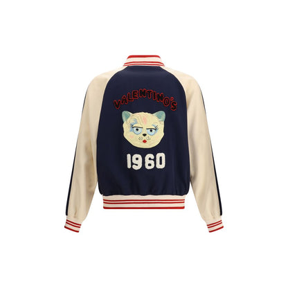 Back view of Valentino Multicolor Fleece Wool Bomber with embroidered cat design and "1960" text, showcasing vibrant style and elegance.