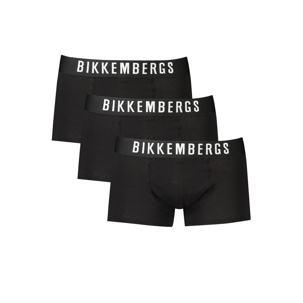 Bikkembergs Black Cotton Underwear tri-pack with elastic waistband and logo print, featuring elegant boxer design.