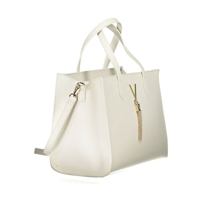 Mario Valentino White Polyethylene Handbag with adjustable strap, two handles, internal pockets, contrasting details, and zip closure.
