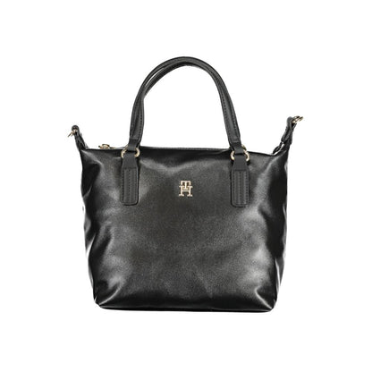 Tommy Hilfiger Black Polyester Handbag with two handles, adjustable shoulder strap, internal pocket, and zip closure, featuring logo.