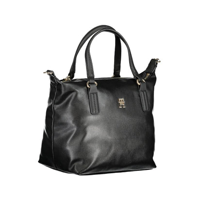 Alt Tag: Tommy Hilfiger Black Polyester Handbag with two handles, adjustable removable strap, internal pocket, and zip closure.