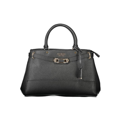 Guess Jeans Black Polyethylene Handbag with dual handles, adjustable strap, external pocket, compartments, and logo detailing.