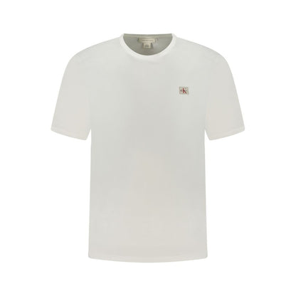 Calvin Klein White Cotton Men T-Shirt with logo appliqué, premium soft cotton fabric, crew neck style for elegant casual wear.