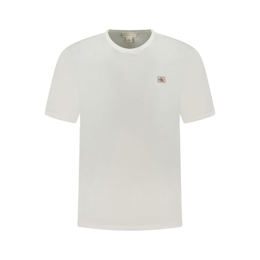 Calvin Klein White Cotton Men T-Shirt with logo appliqué, offering comfort and style in a crisp white design, perfect for any occasion.