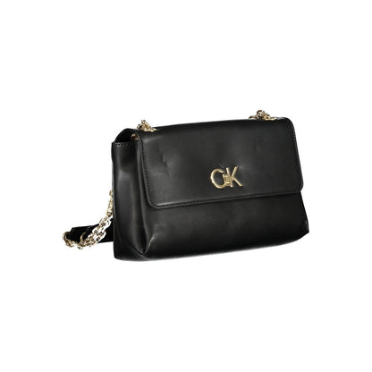Calvin Klein Black Polyester Handbag with chain shoulder handles and logo, featuring multiple compartments and eco-friendly materials.