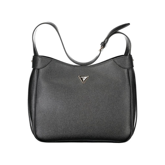 Guess Jeans Black Polyethylene Handbag with adjustable shoulder handle, internal pocket, and snap closure, featuring logo.