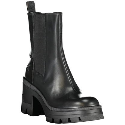 Calvin Klein Black Leather Women Boot showcasing elegant design with 8 cm heel, modern sophistication and brand logo detail.