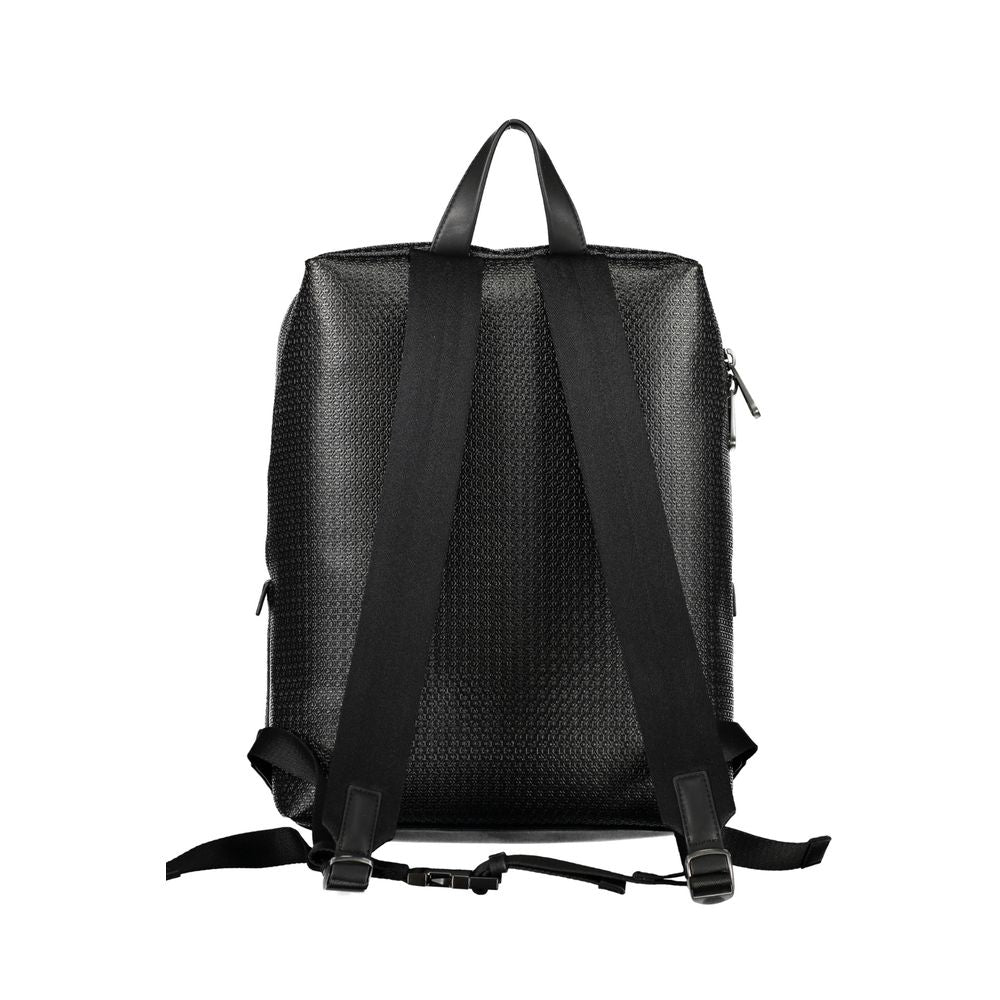 Calvin Klein Black Polyester Backpack with adjustable straps and handle, featuring external pocket and laptop compartment, rear view.