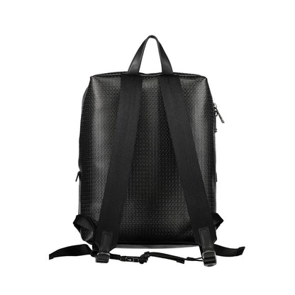 Calvin Klein Black Polyester Backpack with adjustable straps and handle, featuring external pocket and laptop compartment, rear view.
