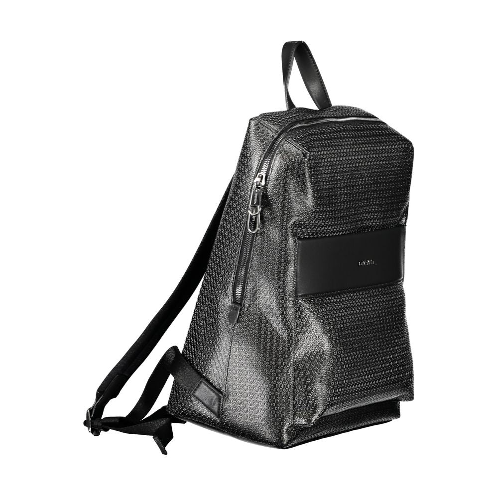 Calvin Klein Black Polyester Backpack with adjustable straps and laptop compartment, featuring snap and zip closure, recycled material.