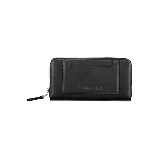 Calvin Klein Black Polyester Wallet with zip closure, multiple compartments, coin purse, and external pocket, featuring contrasting details.