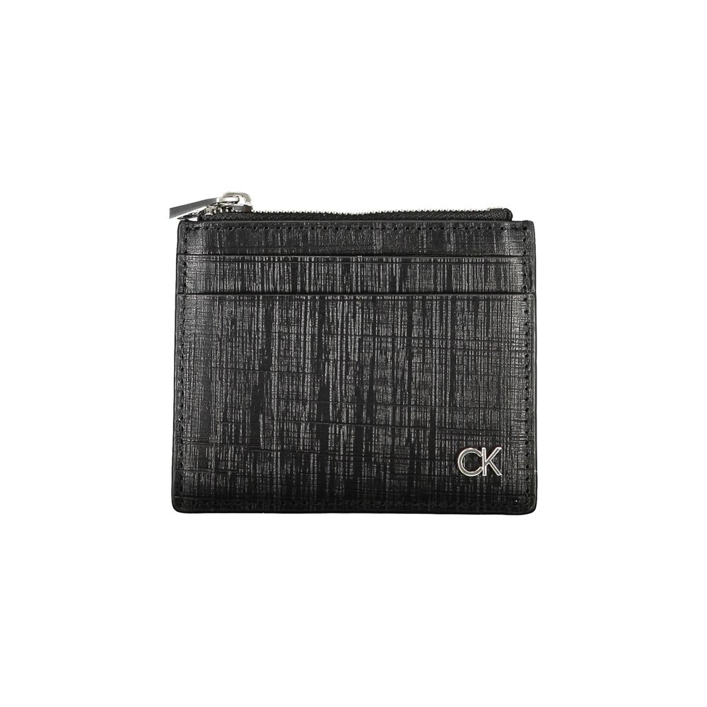 Calvin Klein Black Leather Wallet with card holder, central pocket, zip closure, and logo design.