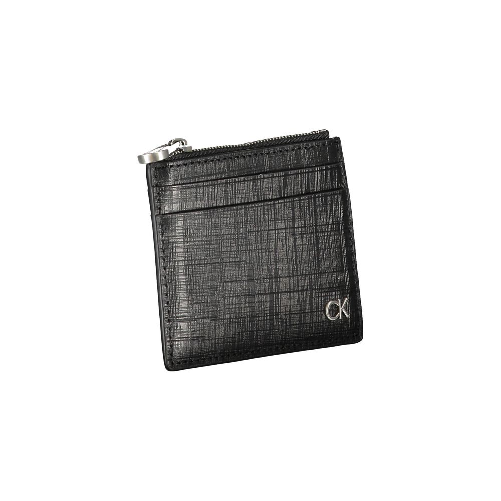 Calvin Klein Black Leather Wallet with card holder, central pocket, and zip closure, featuring logo detail.
