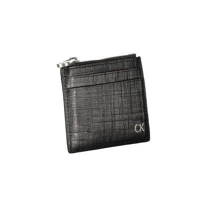 Calvin Klein Black Leather Wallet with card holder, central pocket, and zip closure, featuring logo detail.