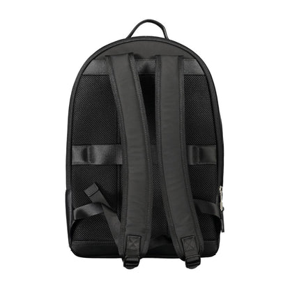 Rear view of Tommy Hilfiger Black Polyester Backpack showing adjustable straps, made with 50% recycled material.