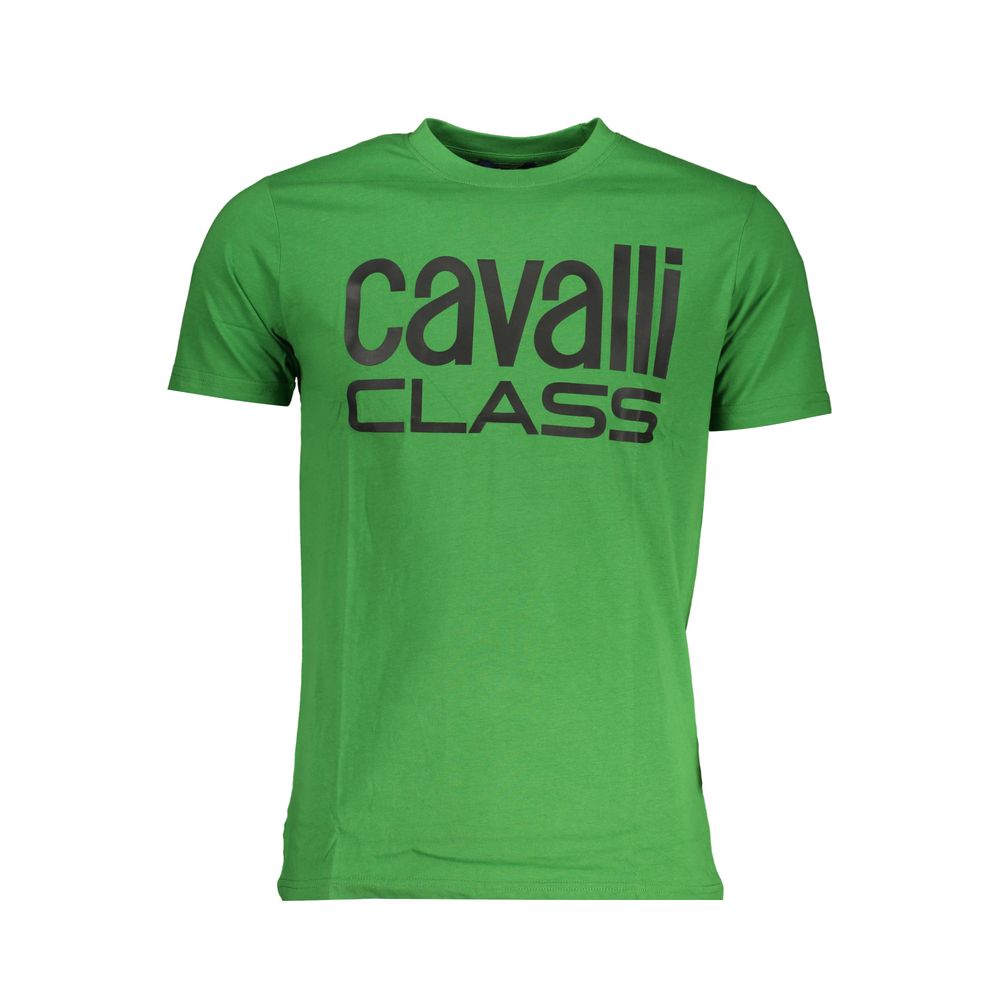 Cavalli Class Green Cotton T-Shirt, short sleeved crew neck with logo print, perfect for casual wear.