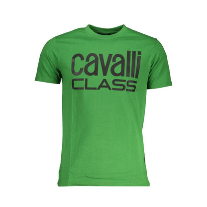 Cavalli Class Green Cotton T-Shirt, short sleeved crew neck with logo print, perfect for casual wear.