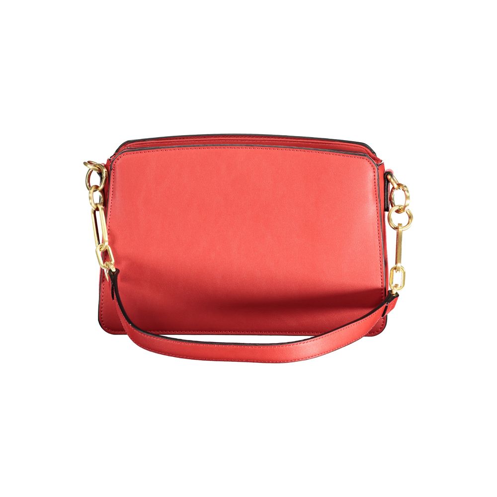 Mario Valentino Red Polyethylene Handbag with shoulder strap and compartments, featuring logo and contrast details.