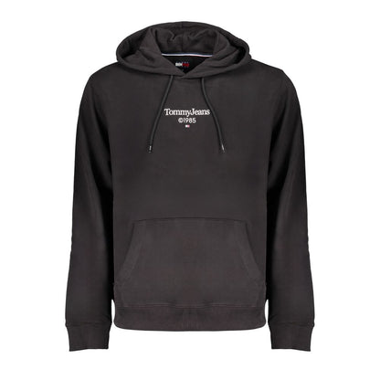 Tommy Hilfiger Black Cotton Men Sweater, long-sleeved hooded design with logo, perfect for stylish casual wear, features central pocket.