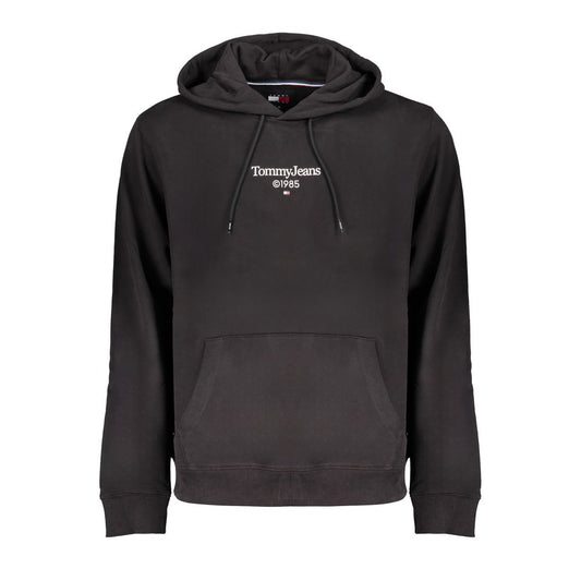 Tommy Hilfiger Black Cotton Men Sweater, long-sleeved hooded design with logo, perfect for stylish casual wear, features central pocket.