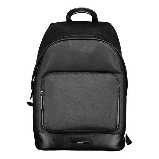 Calvin Klein Black Polyester Backpack with handle, adjustable straps, external/internal pockets, laptop compartment, and protective feet.