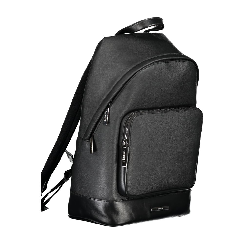 Calvin Klein Black Polyester Backpack with handle, adjustable straps, external and internal pocket, laptop compartment, and zip closure.
