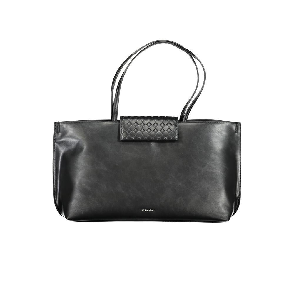Calvin Klein Black Polyester Handbag with two shoulder handles, internal pocket, and contrast details.