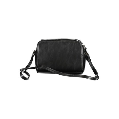 Calvin Klein Black Polyester Handbag with adjustable strap, external pocket, and logo, featuring contrasting details and zip closure.