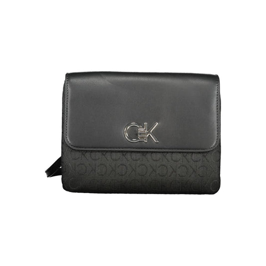 Calvin Klein Black Polyester Handbag with chain handle, adjustable strap, and logo detail.
