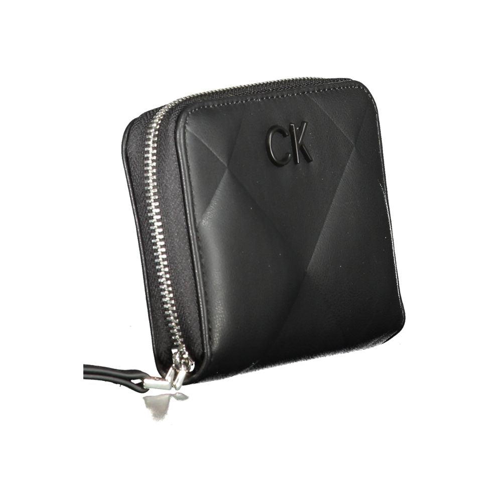 Calvin Klein Black Polyester Wallet with RFID blocking, card spaces, zip closure, and logo, made of 50% recycled polyester.