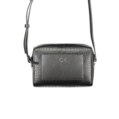 Calvin Klein Black Polyester Handbag with adjustable strap, external pocket, zip closure, and logo detail made from recycled material.