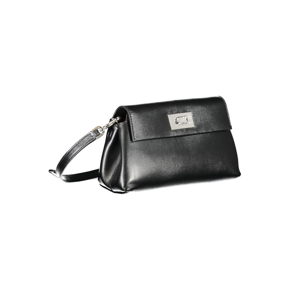 Calvin Klein Black Polyester Handbag with adjustable removable strap, internal pocket, snap closure, and logo detailing.